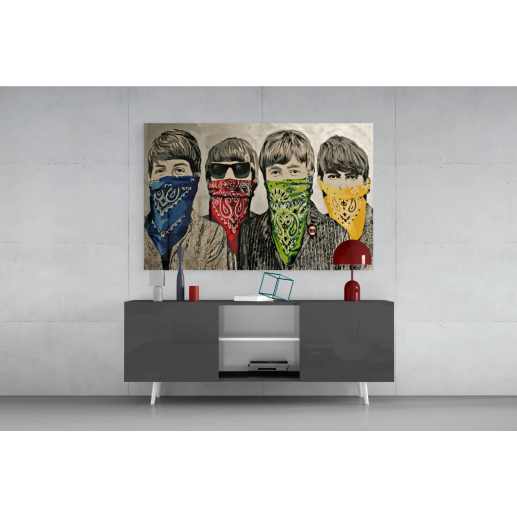 Beatles pop art canvas wall art with colorful paisley bandanas