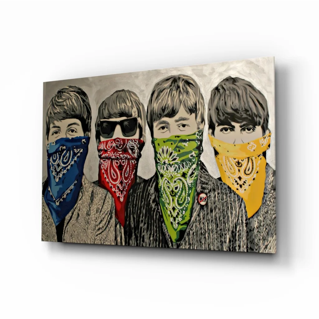 Beatles pop art canvas wall art with colorful paisley bandanas