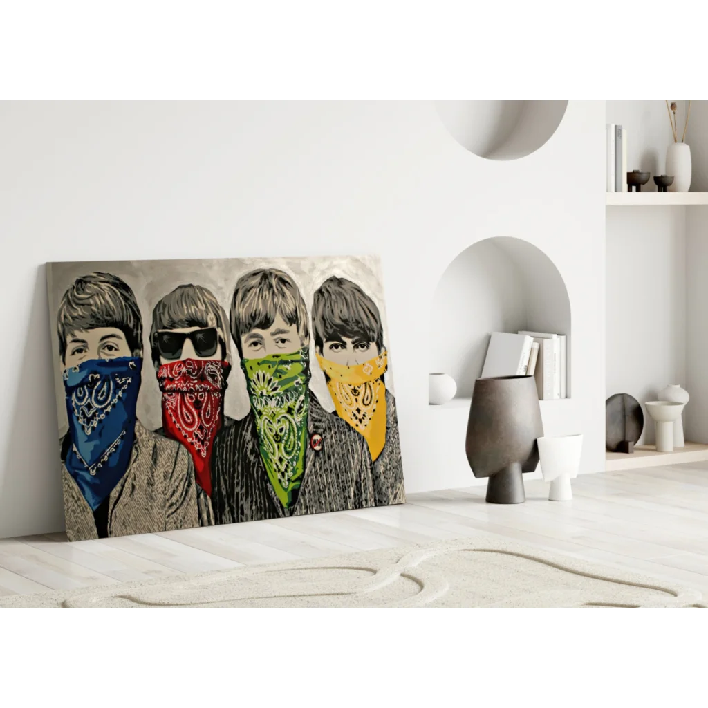 Beatles pop art canvas wall art with colorful paisley bandanas