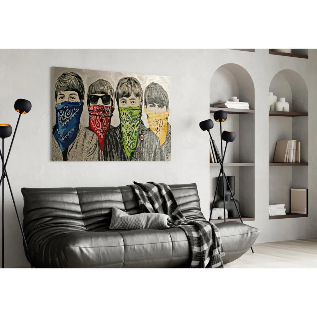 Beatles pop art canvas wall art with colorful paisley bandanas