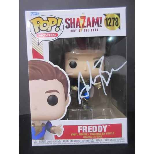 Adam Brody signed Funko Pop Shazam collectible with COA and autographed Freddy Funko in the background