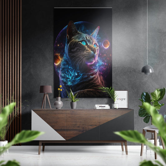 Modern living room interior featuring a glowing tabby cat with blue eyes and cosmic planets wall art displayed above a wooden console table with plants.