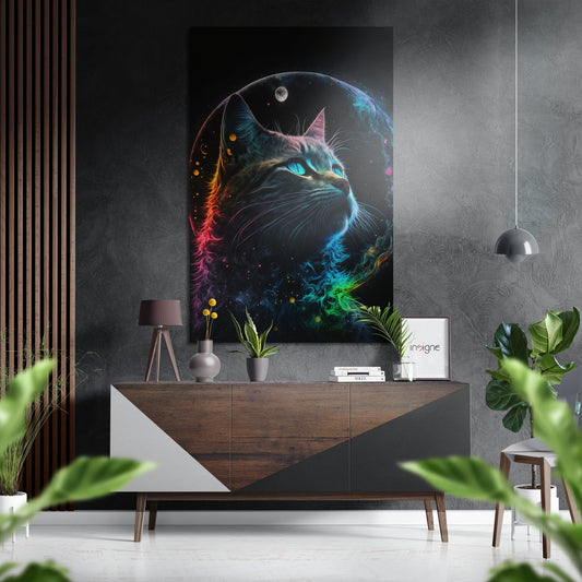 Modern room setting with neon cat artwork displayed above wooden console table surrounded by plants and decorative objects.