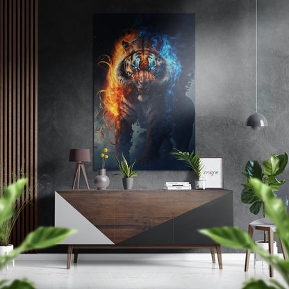 Tiger in Fire Brushed Aluminum Dibond Wall Art displayed on gray textured wall above wooden console table with plants and decor.