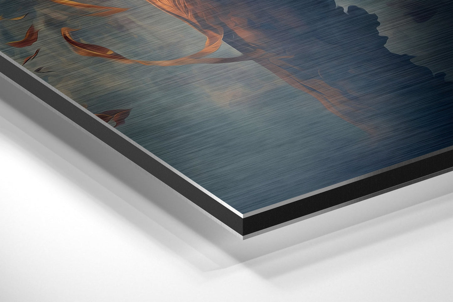 Close-up angled view of layered brushed aluminum Dibond wall art showing tiger silhouette with orange and blue tones.