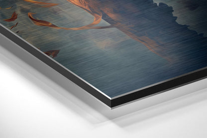 Close-up angled view of layered brushed aluminum Dibond wall art showing tiger silhouette with orange and blue tones.