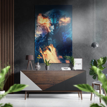 Brushed aluminum Dibond wall art displaying a mystical figure with fire and ice elements, hung above a wooden console in a modern interior setting.