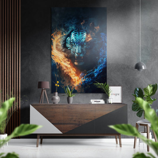 Furious Tiger Brushed Aluminum Dibond Wall Art displayed above wooden dresser, showing blue and orange flames surrounding tiger's face in modern interior setting.