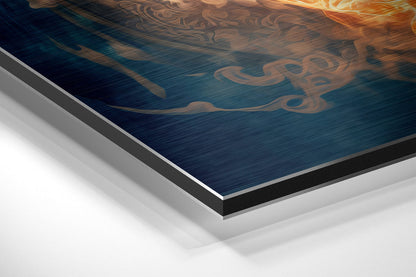 Close-up angled view showing layered composition of brushed aluminum dibond wall art with blue and bronze tiger design visible on top surface.
