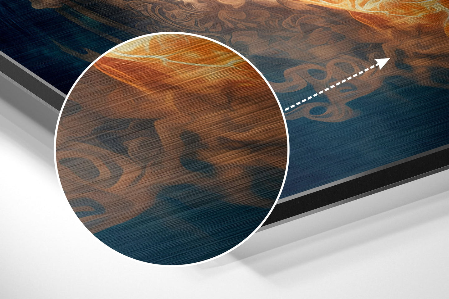 Close-up detail of brushed aluminum surface showing wood grain texture and tiger stripe pattern in brown and teal tones.