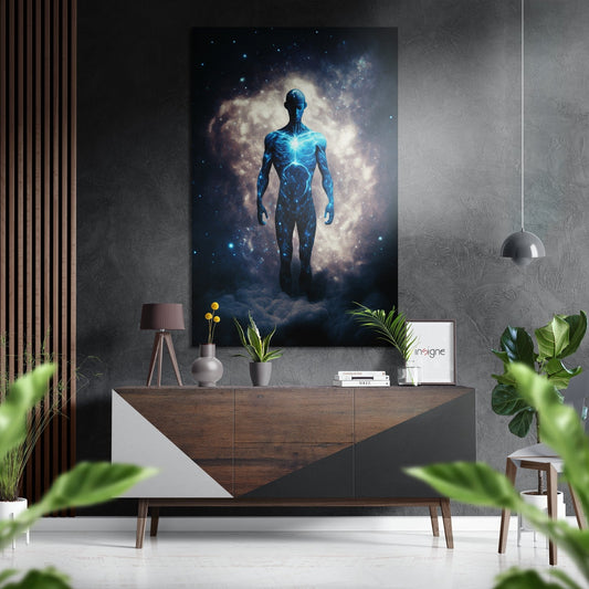 Glowing blue cosmic figure suspended above clouds displayed on wall above wooden console table in modern interior setting.