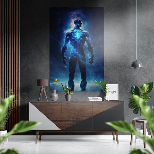Brushed aluminum wall art depicting a glowing blue figure viewed from behind, displayed above a wooden console in a modern interior setting.