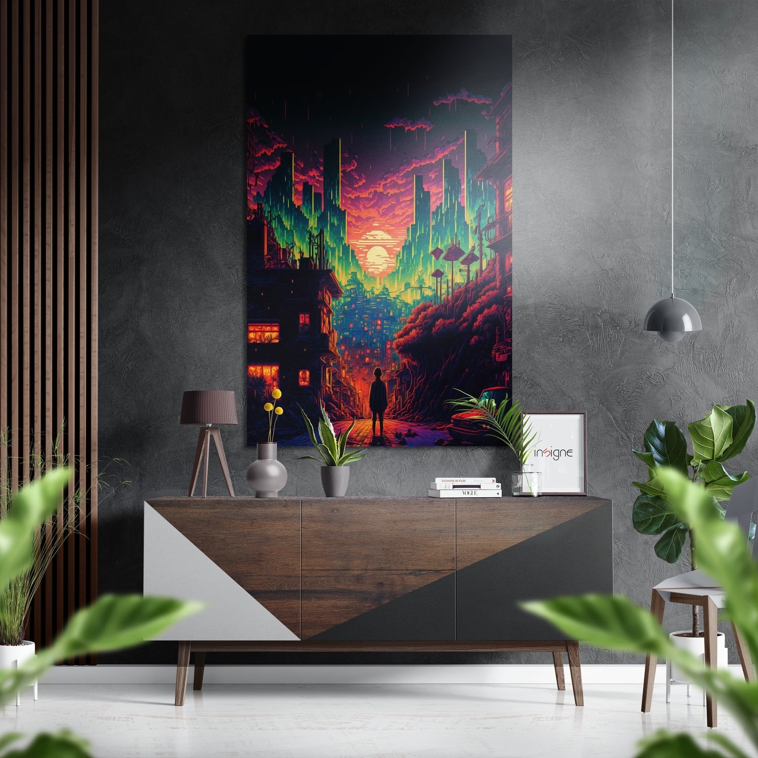 Vibrant neon cityscape wall art displayed above wooden dresser in modern interior with plants and pendant lamp.