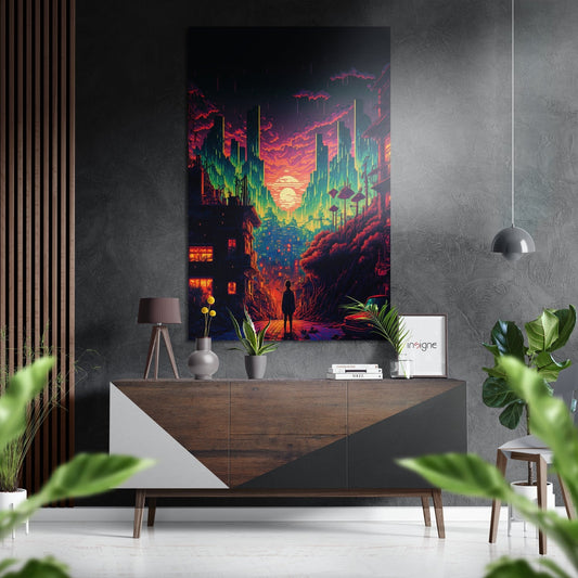 Vibrant neon cityscape wall art displayed above wooden dresser in modern interior with plants and pendant lamp.