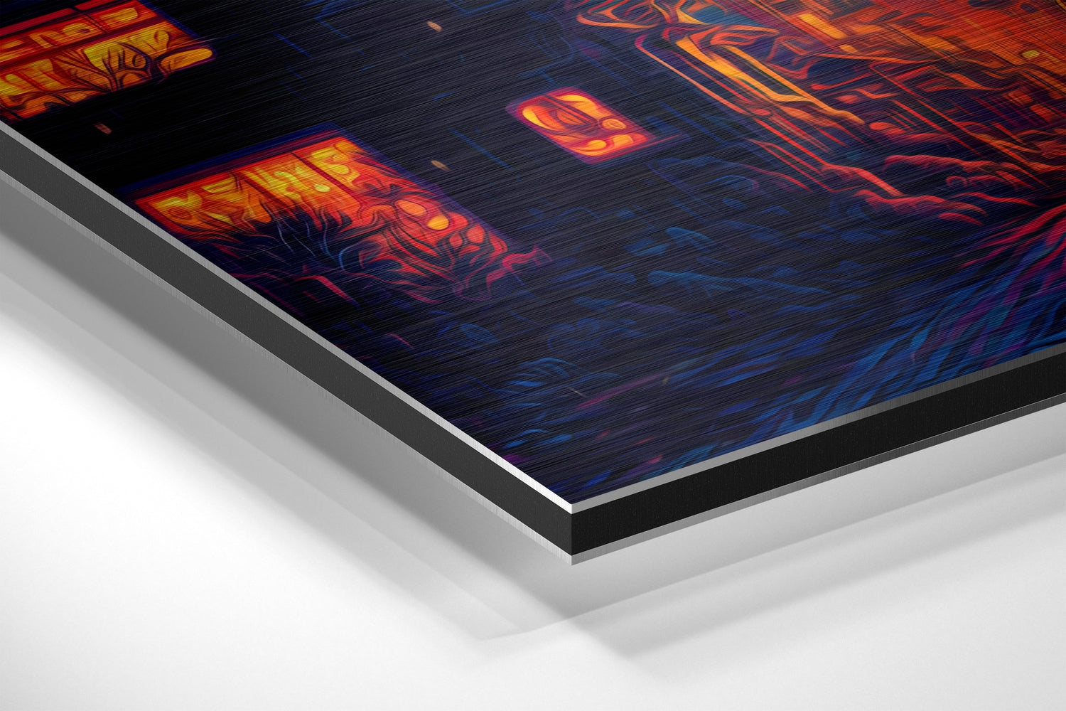 Angled detail shot of brushed aluminum dibond wall art with vibrant red, orange, and blue neon circuit board pattern on dark background.