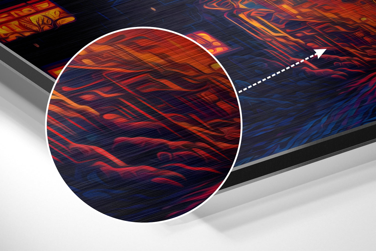 Close-up detail of brushed aluminum wall art showing red and orange diagonal brushstrokes with blue undertones and metallic finish.