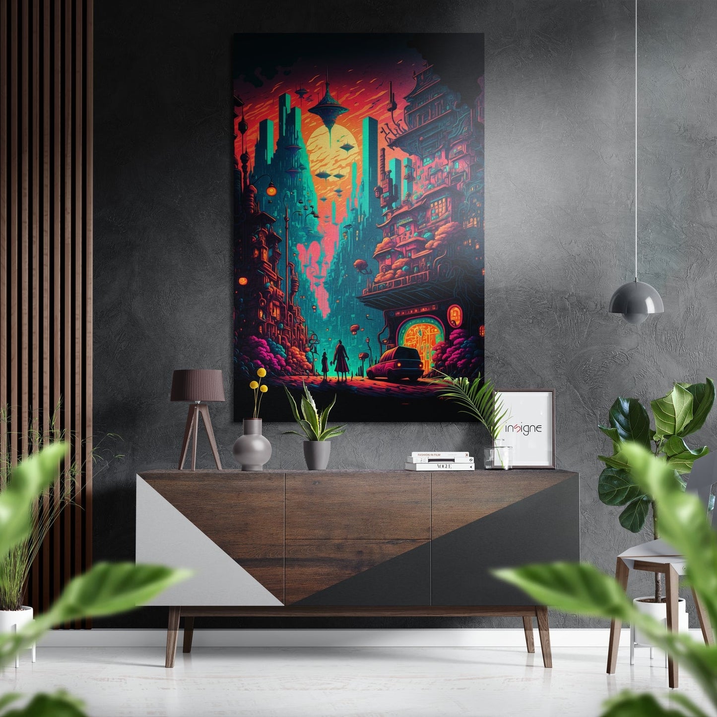 Neon cyberpunk cityscape aluminum art hanging above wooden dresser in modern gray room with plants and pendant lamp.