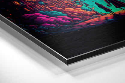 Close-up angled view of layered brushed aluminum and black dibond edges showing vibrant magenta, cyan, and orange abstract artwork on top surface.