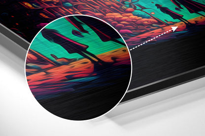 Close-up detail of brushed aluminum Dibond wall art showing vibrant turquoise, orange, and red abstract brushstrokes with horizontal texture lines.