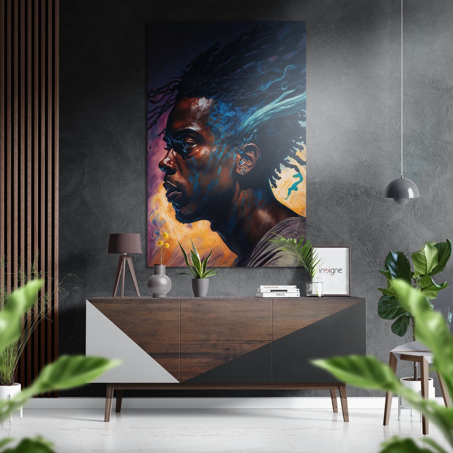 Colorful portrait of man in profile with blue, purple, and gold swirls displayed on brushed aluminum above mid-century wood dresser in modern interior.
