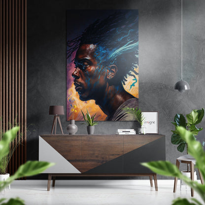 Colorful portrait of man in profile with blue, purple, and gold swirls displayed on brushed aluminum above mid-century wood dresser in modern interior.