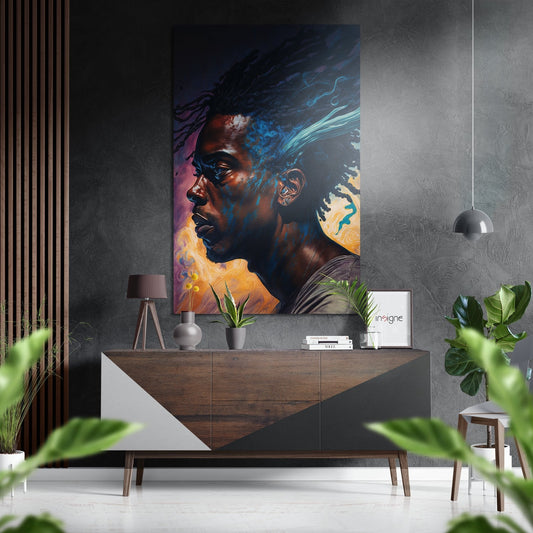 Colorful portrait of man in profile with blue, purple, and gold swirls displayed on brushed aluminum above mid-century wood dresser in modern interior.