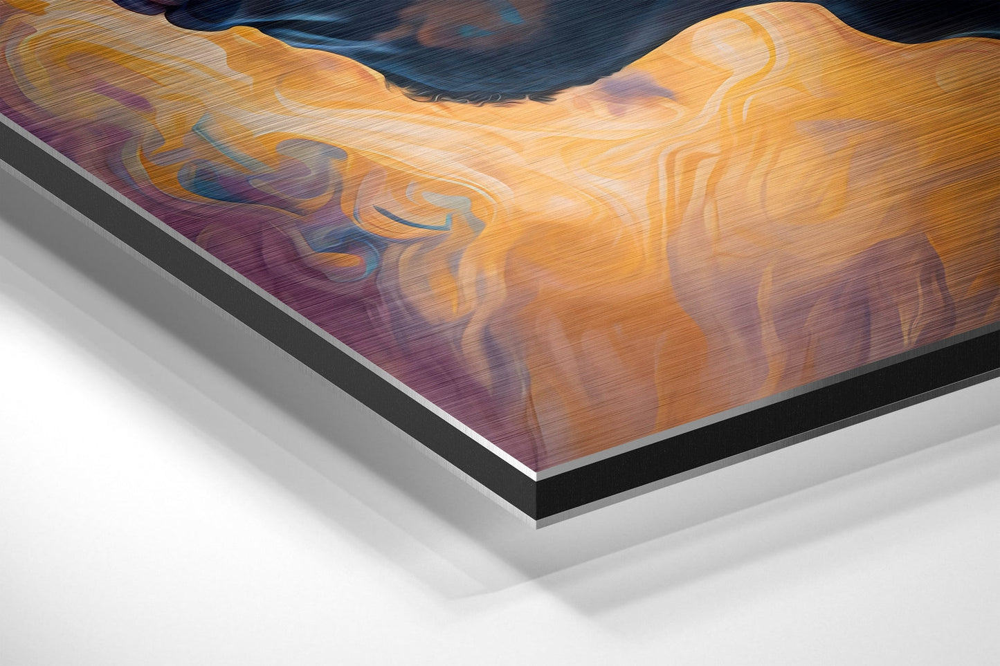 Angled view of brushed aluminum Dibond wall art with orange and purple abstract swirling design and visible layered edge construction.