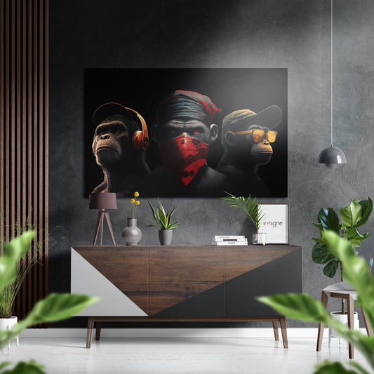 Modern living room interior featuring three stylized primates artwork above wooden dresser with potted plants and pendant lamp.