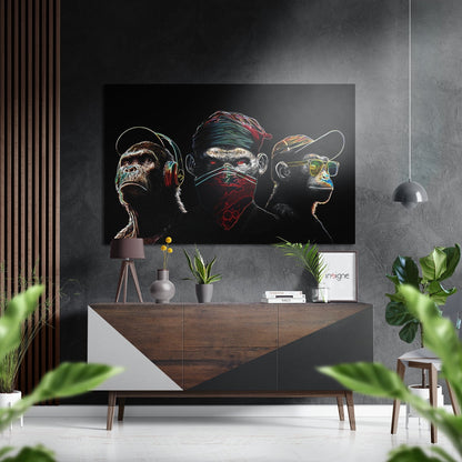 Neon Outline Glowing Chimp Trio Brushed Aluminum Dibond Wall Art
