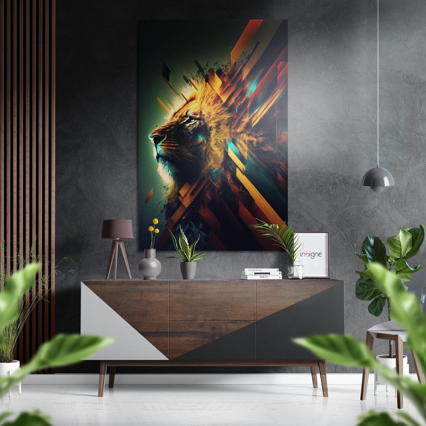 Geometric Shard Lion Profile Brushed Aluminum Dibond Wall Art