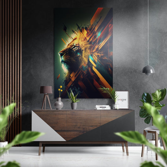 Modern interior featuring geometric shard lion profile wall art in warm gold and teal tones above a mid-century wood and white dresser.