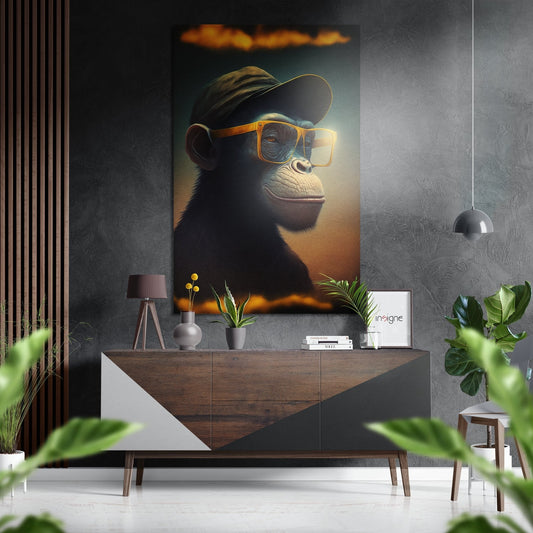 Stylized chimpanzee wearing orange-framed glasses and black cap displayed on gray textured wall above wooden console table in modern interior setting.