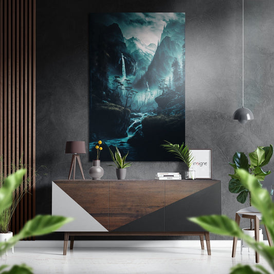 Misty teal mountain valley with waterfall and river displayed above wooden dresser in modern interior setting.