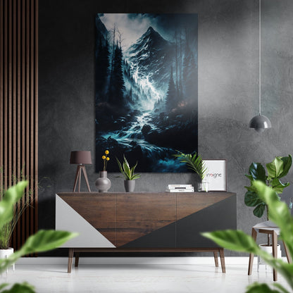 Snow Peak Cascade Forest River Brushed Aluminum Dibond Wall Art