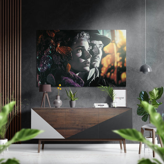 Brushed aluminum wall art featuring two vintage film characters with colorful floral elements displayed above a wooden dresser in modern interior setting.