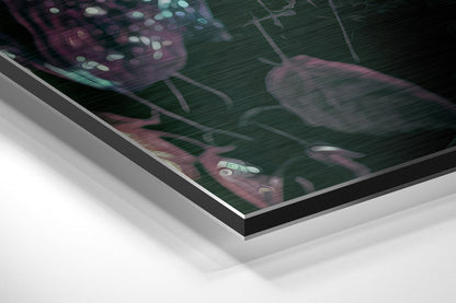 Angled view of brushed aluminum Dibond wall art displaying a blurred movie scene with red and green tones, showing the layered edge construction.