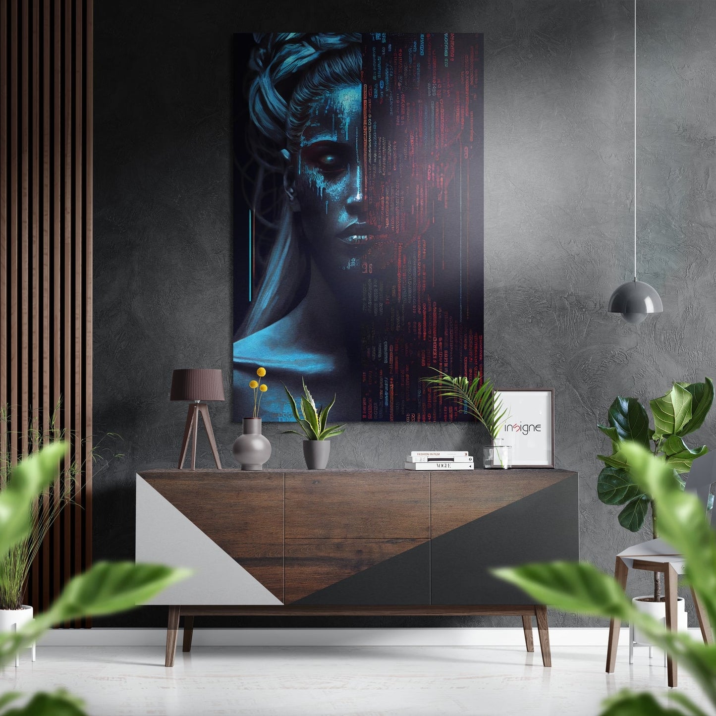 Modern interior with brushed aluminum wall art featuring blue-lit portrait and red digital code text above wooden console table.