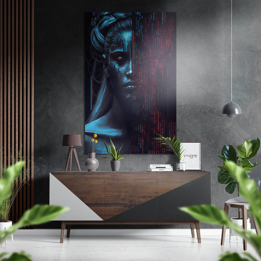 Modern interior with brushed aluminum wall art featuring blue-lit portrait and red digital code text above wooden console table.