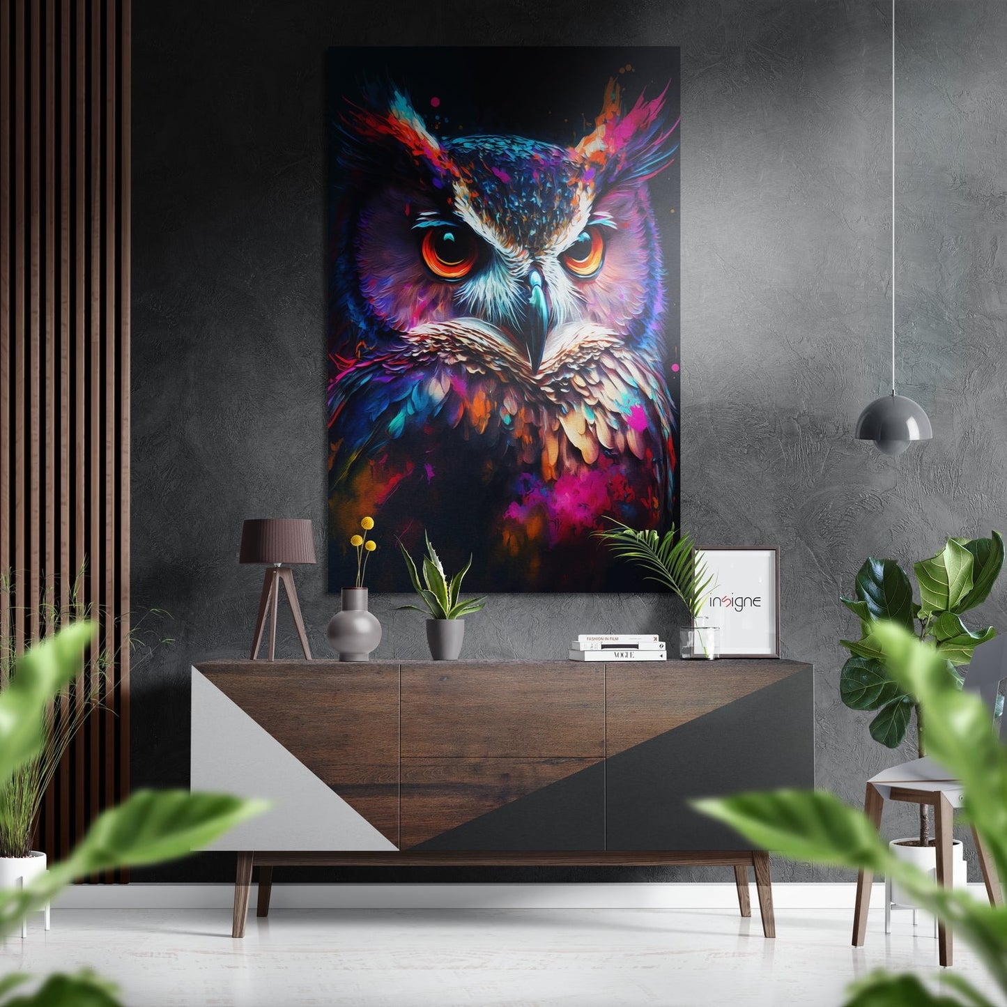 Neon Owl Face Amber Eyes Brushed Aluminum Dibond Wall Art