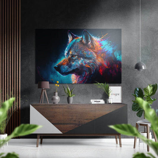 Colorful wolf head portrait with blue, orange, and purple paint splashes displayed above wooden console table in modern gray interior.