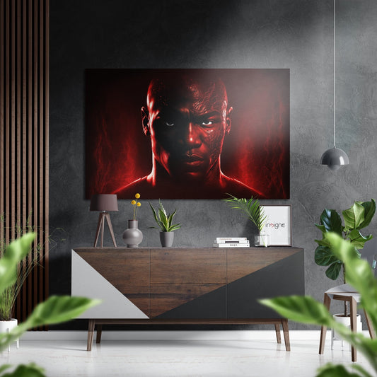 Modern living room with red glowing warrior face wall art above wood console table with plants and decor.