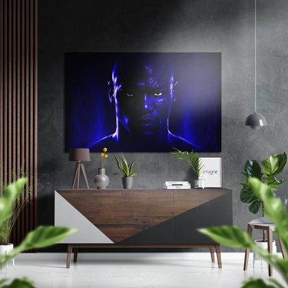 Electric Blue Shadow Fighter Face Brushed Aluminum Dibond Wall Art