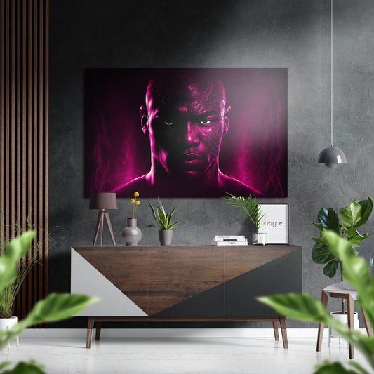 Magenta neon-lit male face artwork displayed above wooden dresser in modern grey interior with plants and pendant light.
