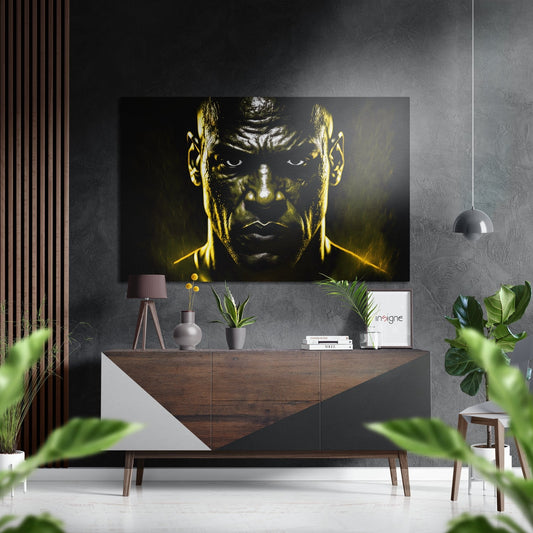 Modern interior featuring golden-highlighted boxer portrait on dark wall above wooden sideboard with plants and accessories.