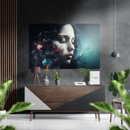 Modern interior with brushed aluminum wall art featuring woman's profile with colorful floral and butterfly dispersal effect.