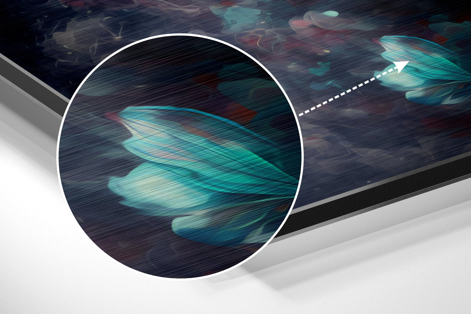 Close-up detail of brushed aluminum surface with turquoise and teal abstract flowing patterns and textures.