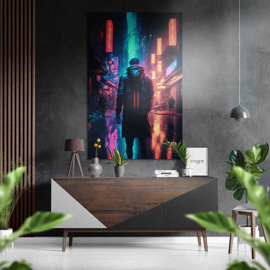 Cyberpunk Dibond wall art displaying neon-lit futuristic figure in red, cyan, and gold tones, displayed above wooden dresser in modern interior setting.