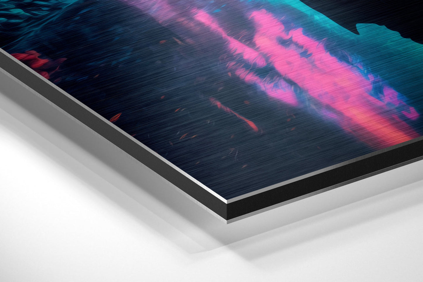 Angled perspective view of brushed aluminum Dibond panel displaying pink and cyan neon waveform patterns against dark blue background.