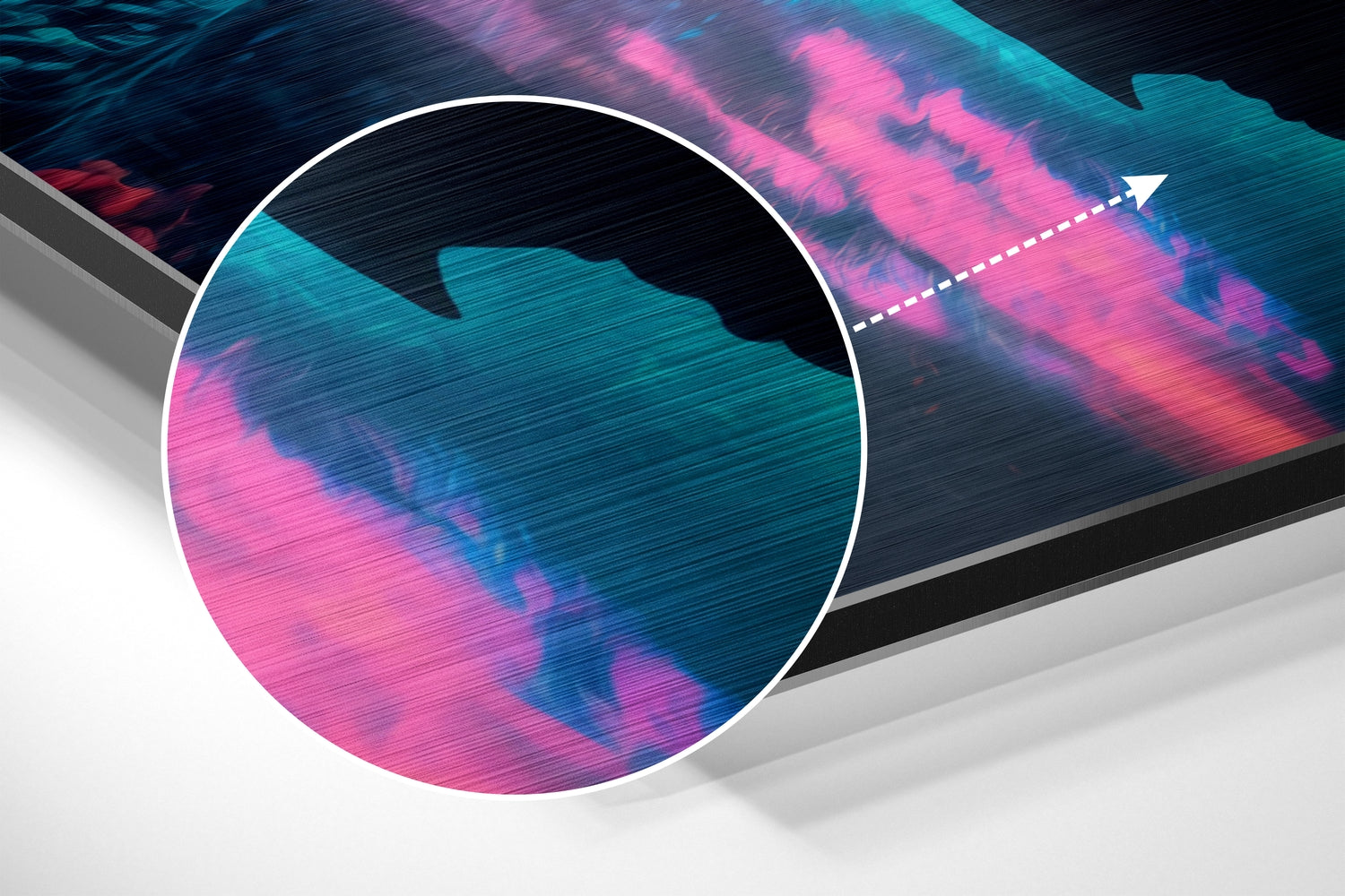 Angled perspective view of brushed aluminum wall art featuring vibrant cyan, magenta, and pink neon waveforms with horizontal texture lines and an arrow pointer detail.