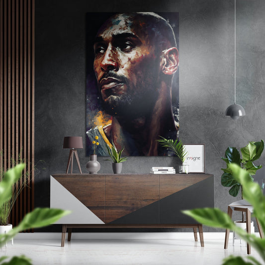 Cosmic Splatter Basketball Player Brushed Aluminum Dibond Wall Art displayed above wooden dresser in modern room with plants and pendant light.